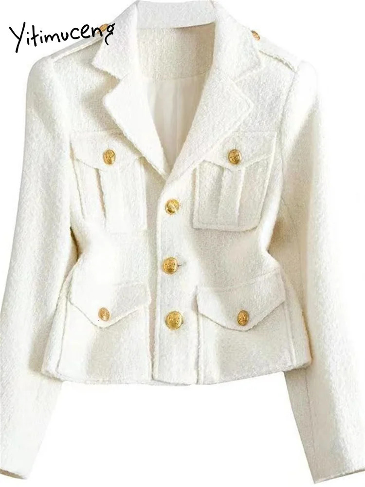 Yitimuceng Button Up Jackets for Women Autumn Winter Office Ladies Turn Down Collar Coats Vintage Long Sleeve Tweed Jacket 240307