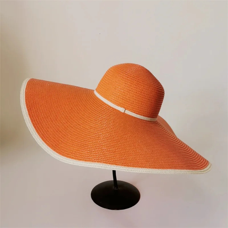 Summer Ladies Stitching Large Edge 18cm Holiday Beach Hat Sun Hats Handwoven Straw Supports Folding Wholesale 240309
