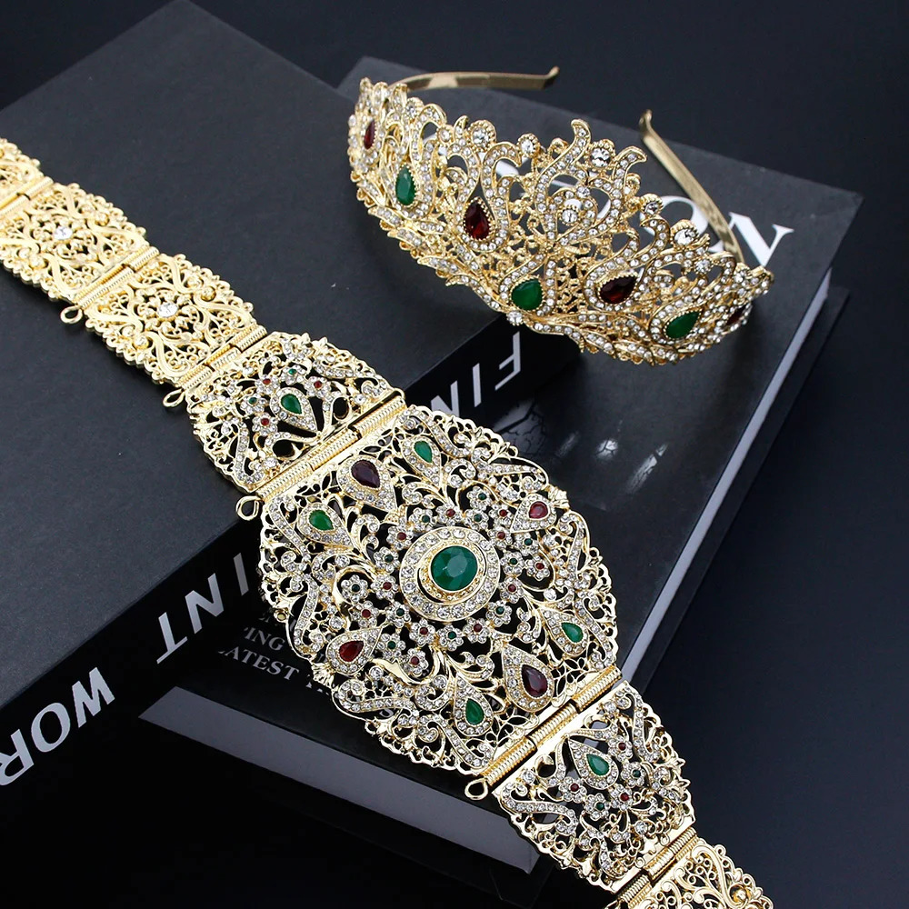Sunspicems Gold Color Algeria Morocco Belt Crown Bride Wedding Jewelry Arab Women Body Chain Tiaras Caftan Bijoux 240311