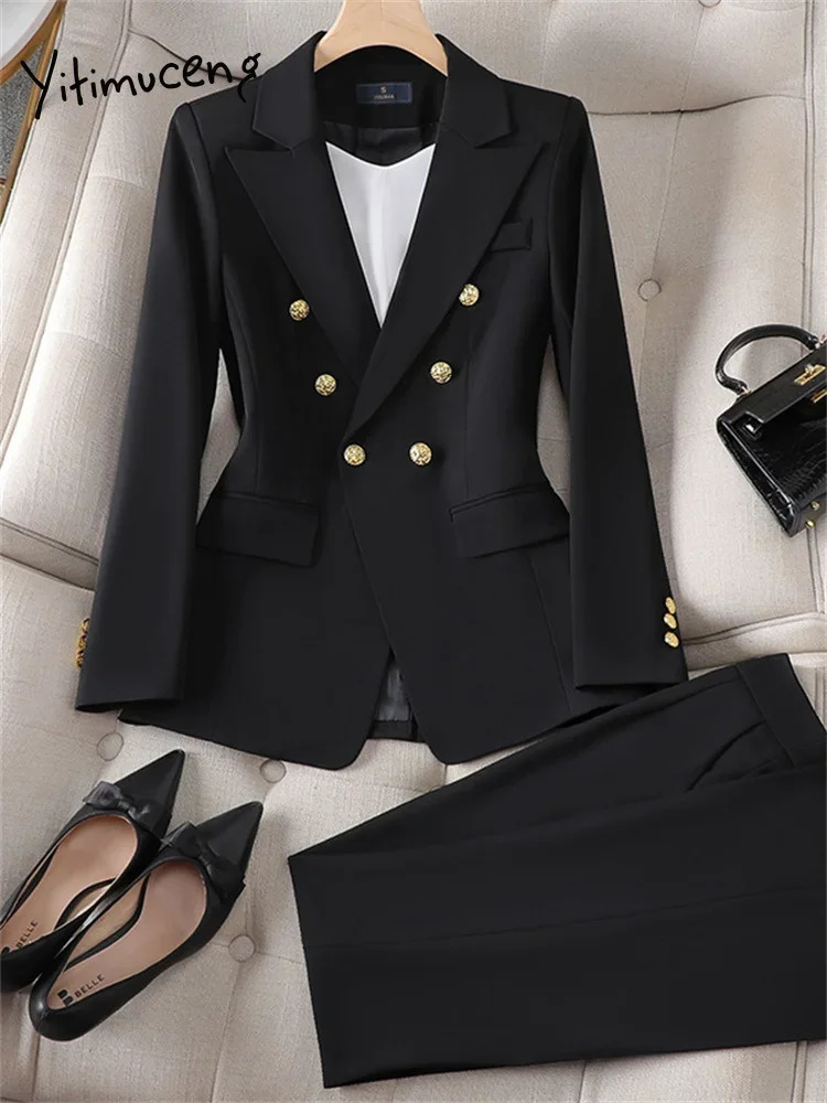 Yitimuceng Office Ladies Two Piece Sets Outifits 2023 Double Breasted Turn Down Collar Blazers Elegant Skirt Suits 240315
