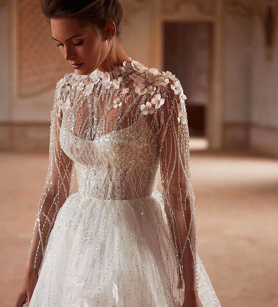 Wedding Ball Gown Dresses Ae High Neck Long Sleeve Vestido Novia Embroidery D Wers Robe De Mariee 0228Lz