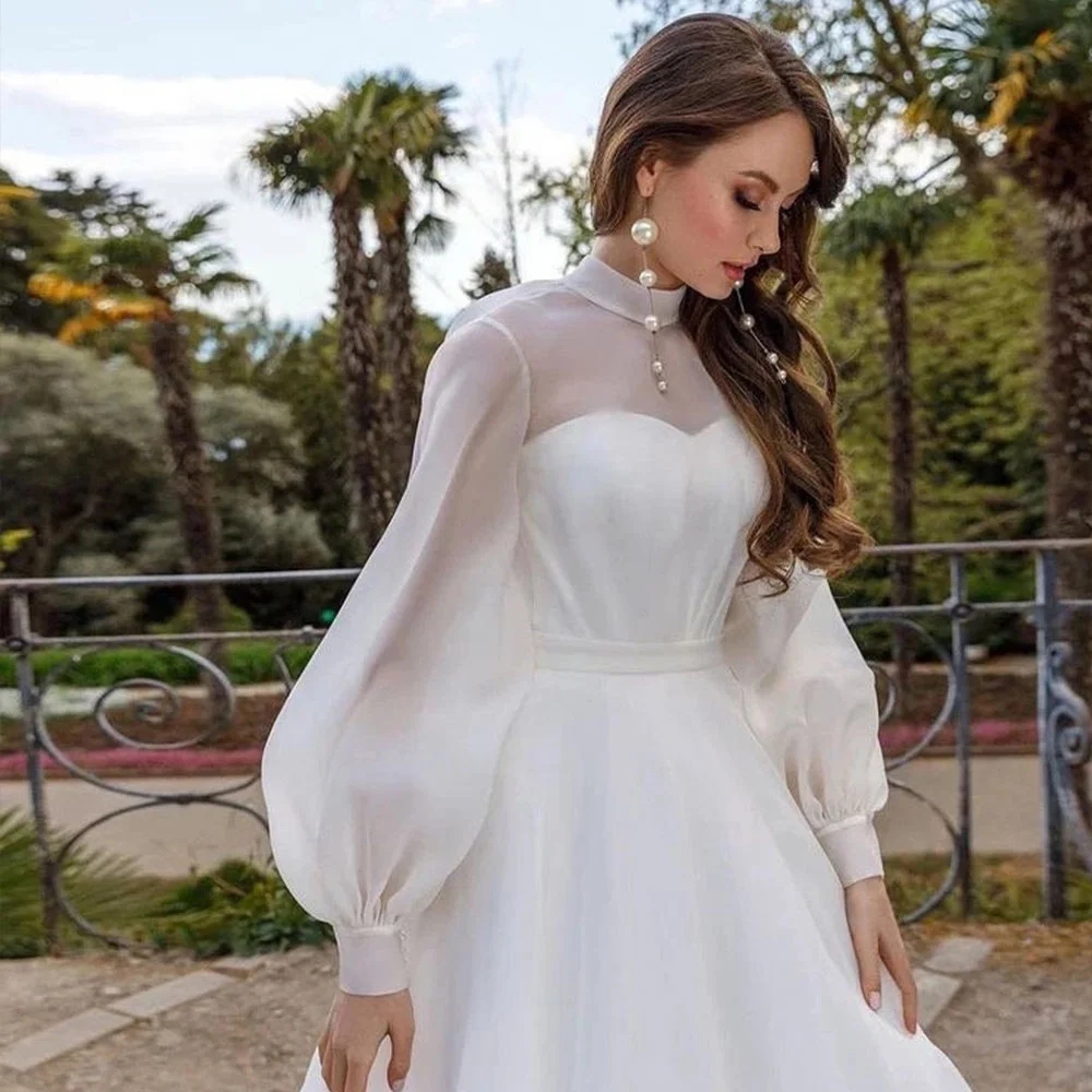 Classic A-LINE V-Neck Wedding Dress 2024 High Neck Long Sleeves Organza Bride Formal Gowns Vestidos De Novias Robe De Mariage