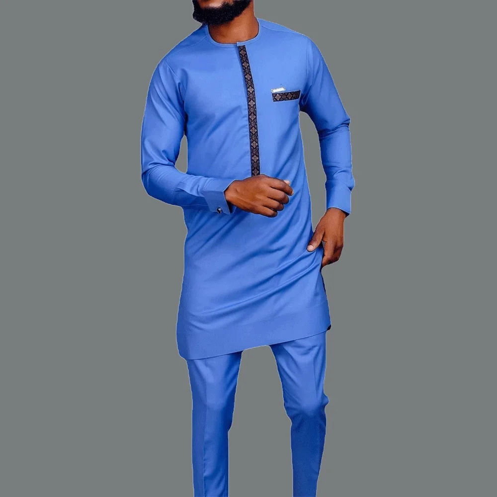 Kaftan Summer Mens Suit Round Neck Longsleeved Top Pants African Male Traditional Outfit National Style 2PCS Clothing Sets 240301