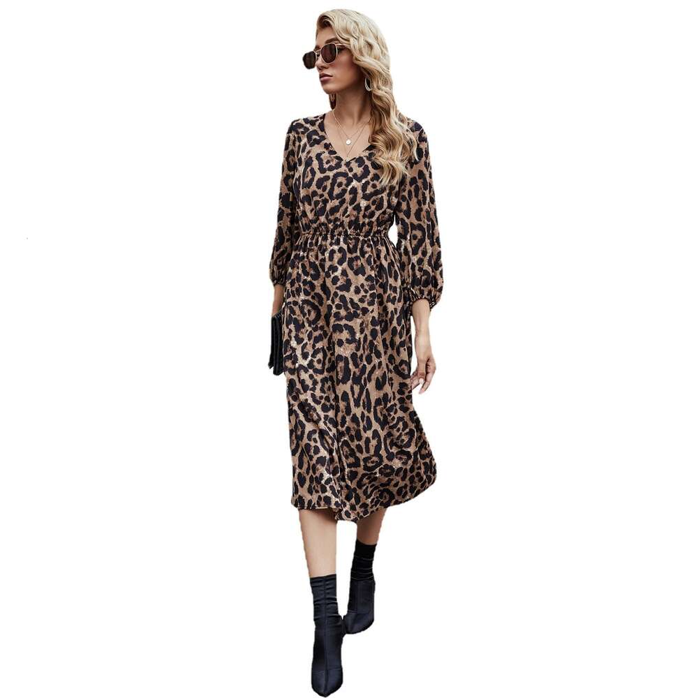 Women's Fashion INS V-neck Leopard Print Long Sleeved Dress