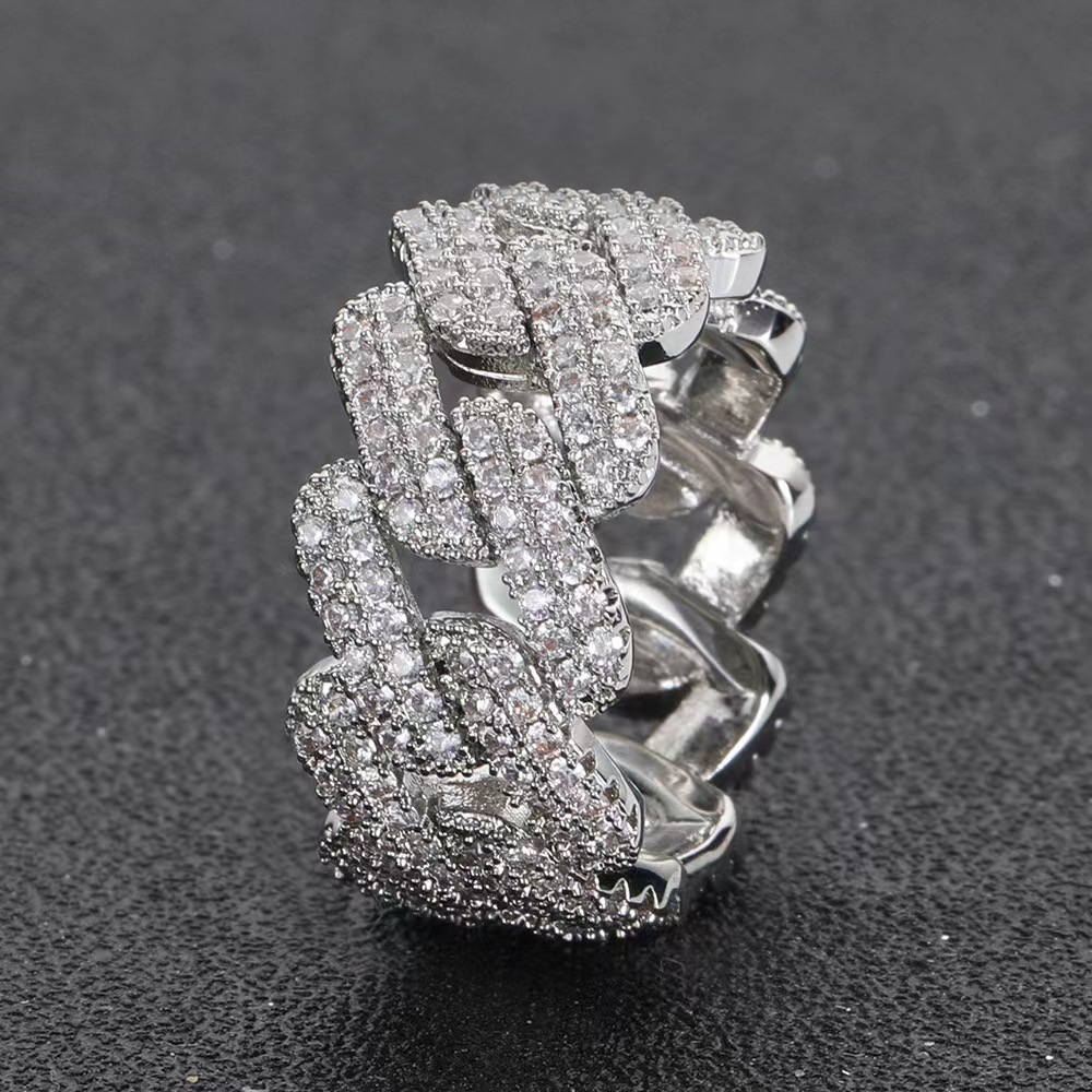 Bg Hip Hop Jewelry 9mm Gold Plated Sterg Sier Vvs Moissanite Dia Iced Out Cuban Band Ring for Men Free shipping