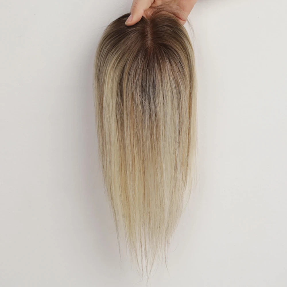 100% Remy Human Hair Toppers Middle Part Ombre Light Brown Golden Human Hair Pieces for Women with Thinning Hair Clip in Toppers 240314