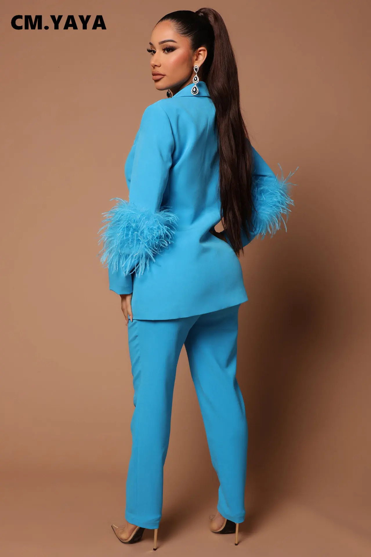CM.YAYA Vintage Women Fur Hem Long Sleeve Blazer Suit and Pants Chic OL Fashion Two 2 Piece Set Outfits Basic Tracksuit 240301