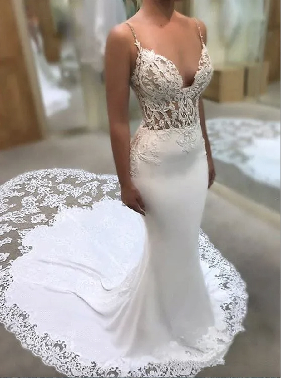 Sexy Spaghetti Straps Lace Mermaid Wedding Dresses Illusion Satin Tulle Applique Court Train Bridal Gowns Robe De Mariee 0431