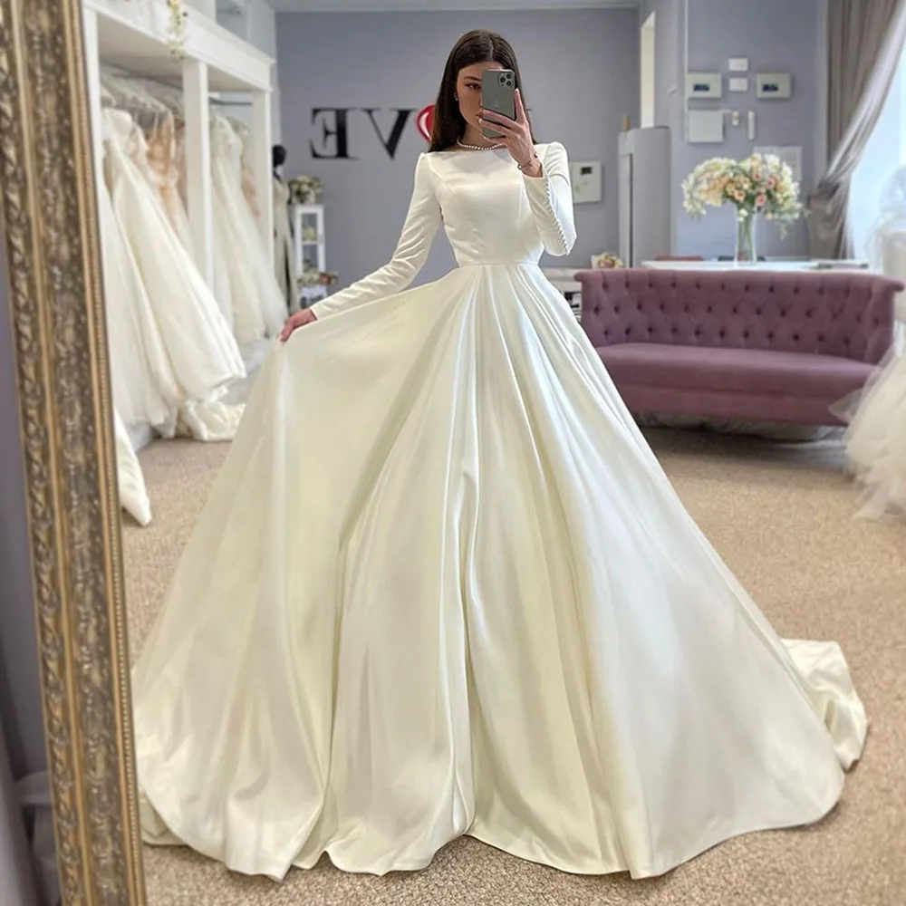 Modest A-line Wedding Dress 2025 Boat Neck Long Sleeves Bittons Satin Bride Formal Gowns Vestidos De Novias Robe De Mariage