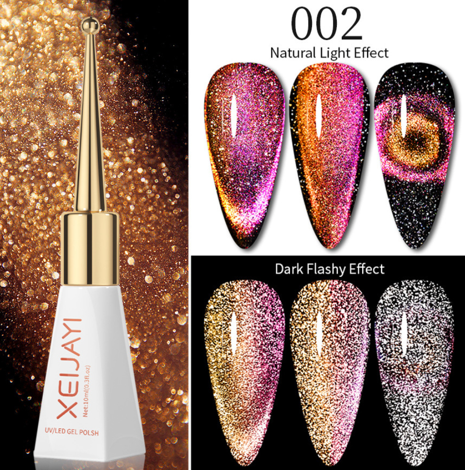 Golden Sunset Sparkle: Reflective Glass Cat Magnetic Gel Nail Polish, Luminous Glitter Effect, UV/LED Soak-Off Formula