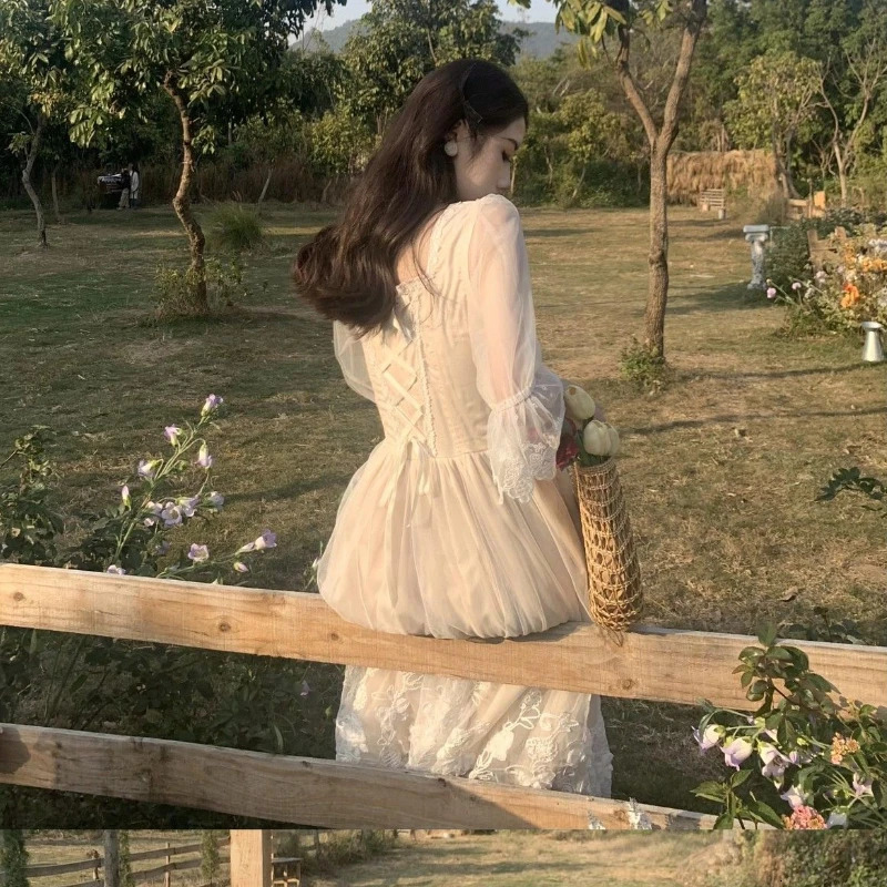 French Vintage Midi Dres Lace Elegant Princess Party Fairy Dress Female 2024 Spring Casual Korean Wedding Victorian 240313