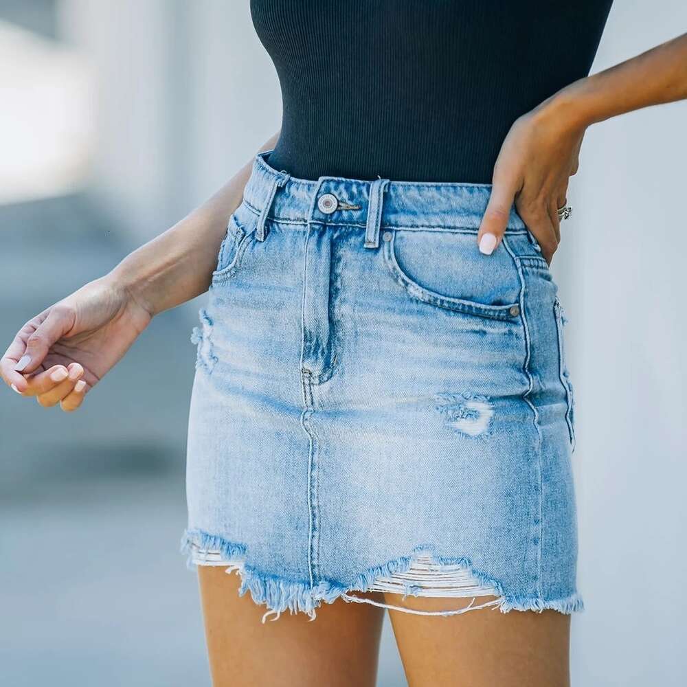 2024 Summer Netizen Same High Waist Perforated Half with Washed Raw Edge Denim Wrap Hip Skirt