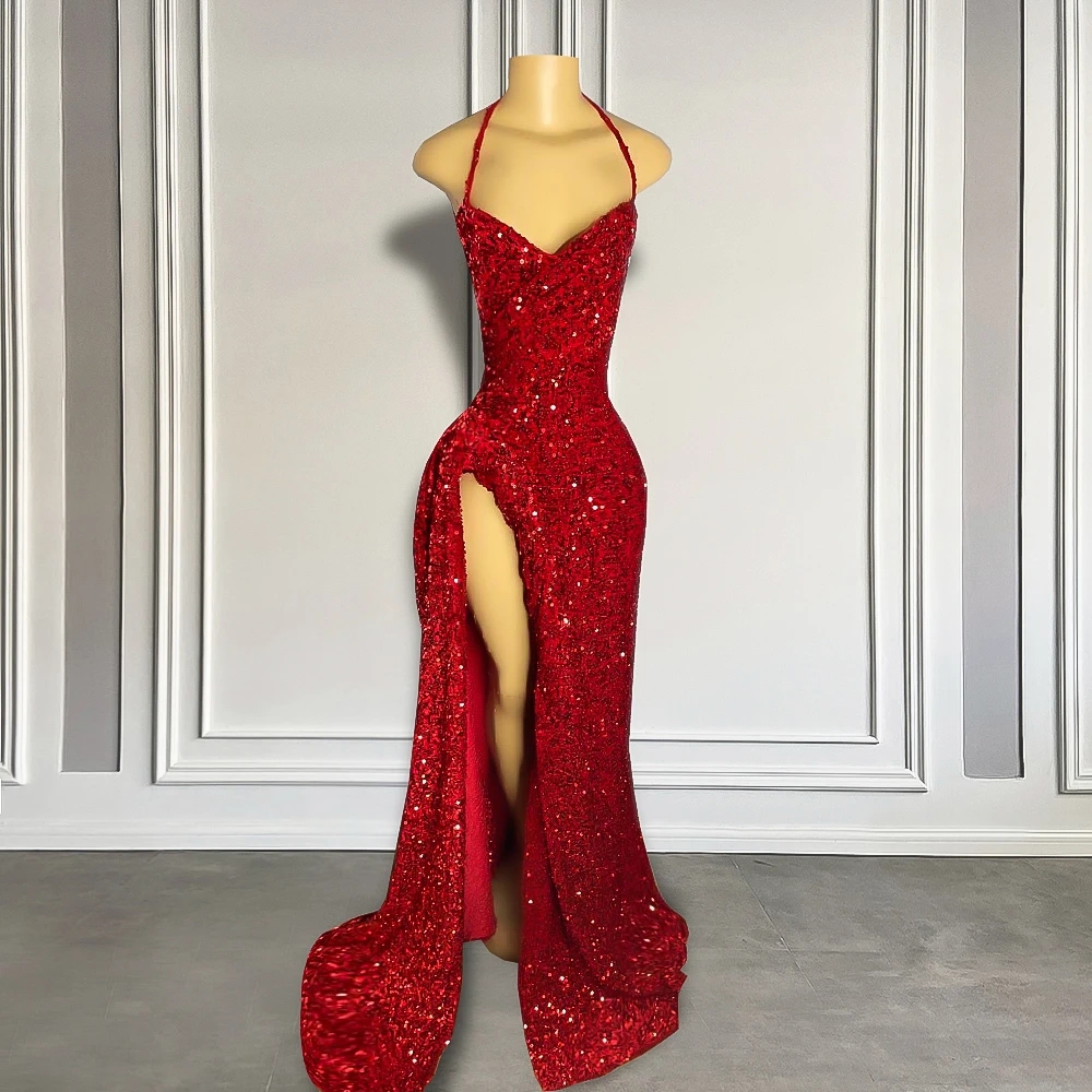 Sparkly Dark Red Prom Dress for Black Girl High Slit Halter Sleeveless Sequins Mermaid Evening Formal Birthday Gowns Robe De Soiree Custom Made