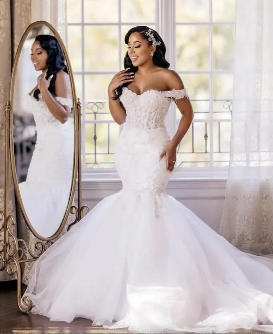 African Elegant Mermaid Wedding Dresses for Bride 2024 Off Shoulder Lace Up Closure Sweep Train Beaded Bridal Gowns Best Selling