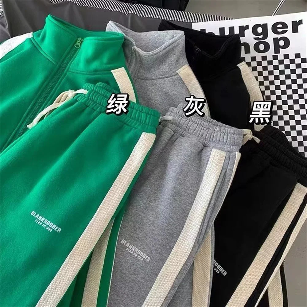 Korean Casual Sportsuit Hoodies Men Set Autumn Loose Zipper Coat Sweatpant 2 Piece Fashion Stripe Print Outfits Tracksuit 240312