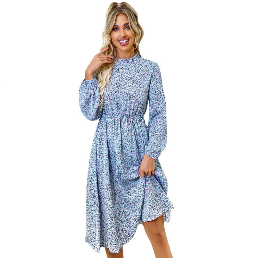 Women's Semi High Neck Waist Elastic Fashionable Floral Sweet Long Commuting Dress