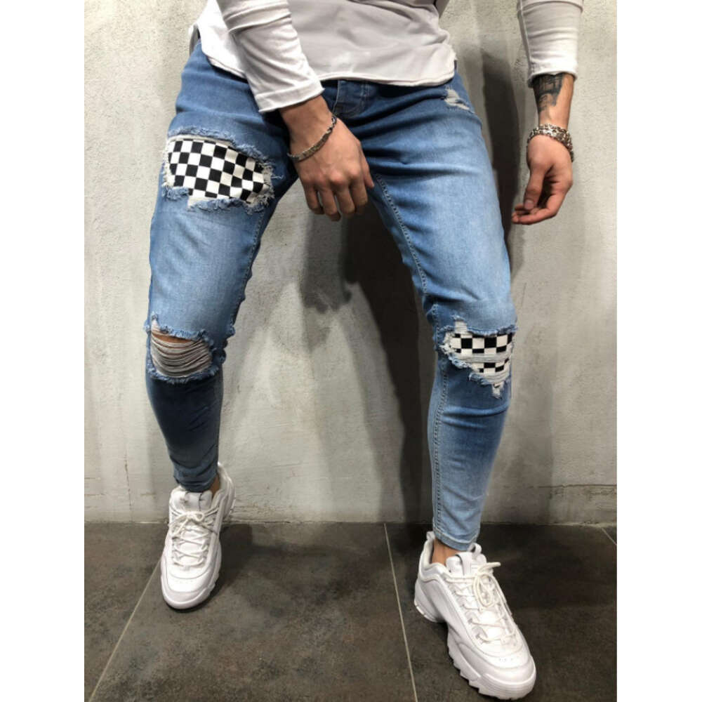 Men's Jeans with Torn Holes, Elastic Patches, Small Leg Pants, Men's Fashion
