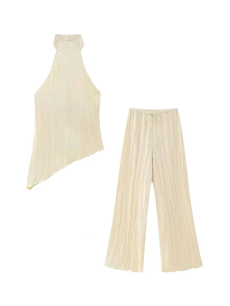 TRAF 2023 Women 2 Pieces Sets Fashion Asymmetric Halter Top Suit Casual Ruched Long Pants Set Womens Outfits 240315