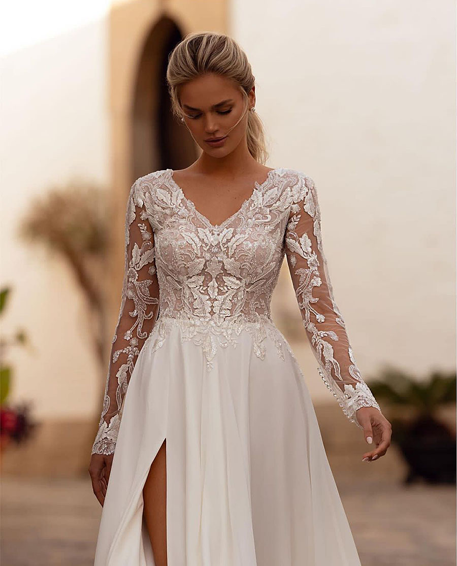 Sleeve Chiffon Long Aline Wedding Dress for Women 2024 Open Back Lace Boho V Neck Bridal Gown Robe De Soiree Mariage 326