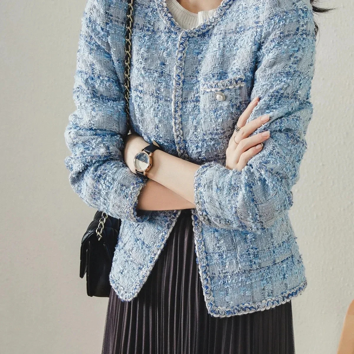 Tweed Jacket Spring Autumn Womens Classic Ladies Runway Plaid Blue Loose Coat ONeck 240307