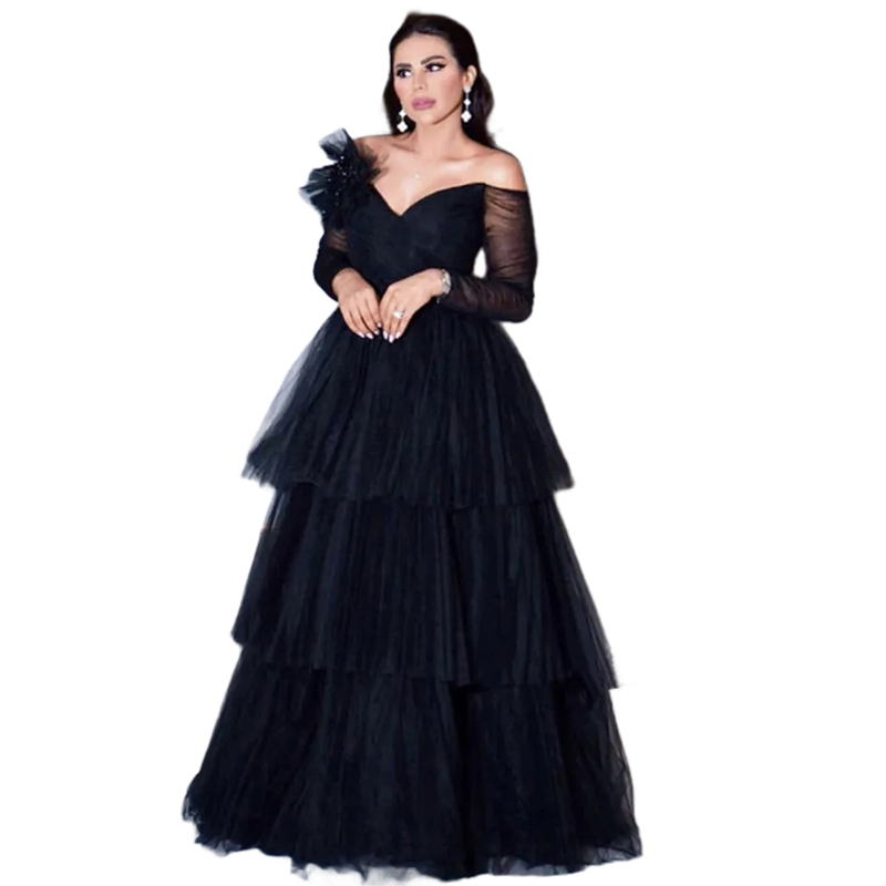 Elegant Arabic Black Floor Length Prom Dresses A Line Off The Shoulder Long Sleeves Tiered Tulle Classic Evening Gowns For Women Birthday Formal Occas