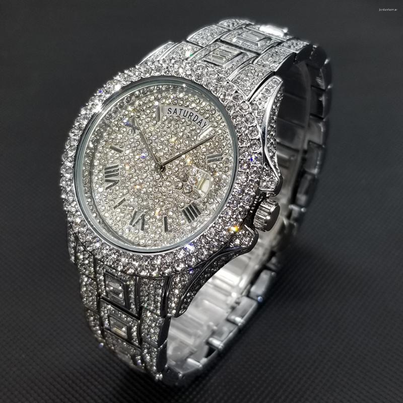 Mens watches Full diamond Iced Out Moissanite watch Missfox Wristwatches Day Date Quartz Wristwatch Silver Hip Hop Luxury watch