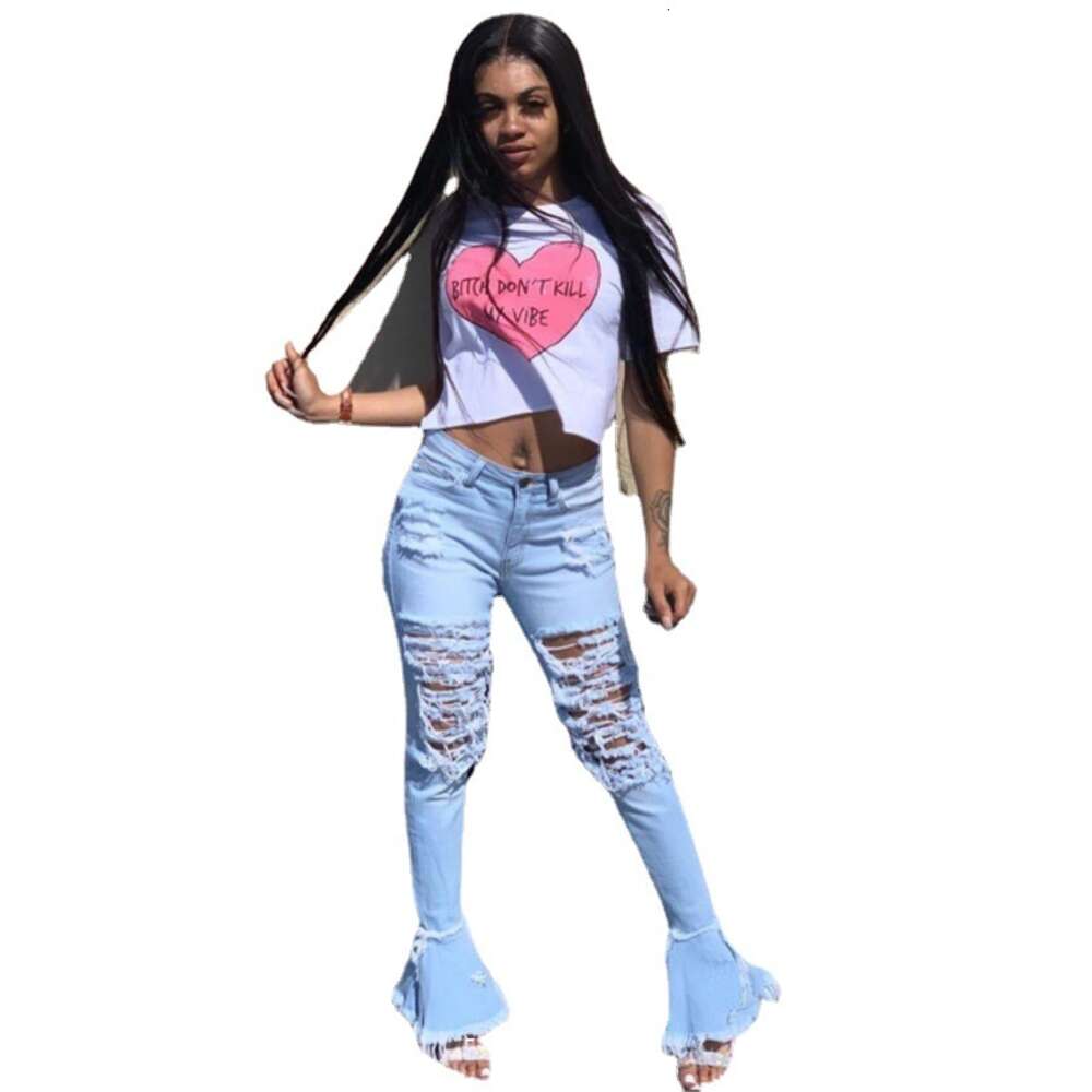 Women's Fashion Tassel Distressed Denim Ruffled Edge Long Pants New Women's