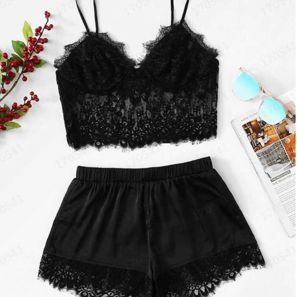 V Neck Solid Sleepwear Summer Women Pajamas Silk Pijamas Sleepwear Lace Short Pants Lingerie Hollowed Underwear Nightdress Set Conjuntos De Camison De