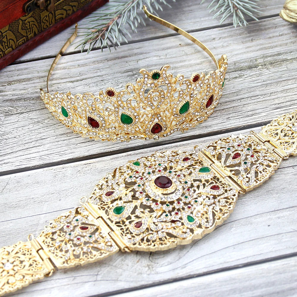 Sunspicems Gold Color Algeria Morocco Belt Crown Bride Wedding Jewelry Arab Women Body Chain Tiaras Caftan Bijoux 240311