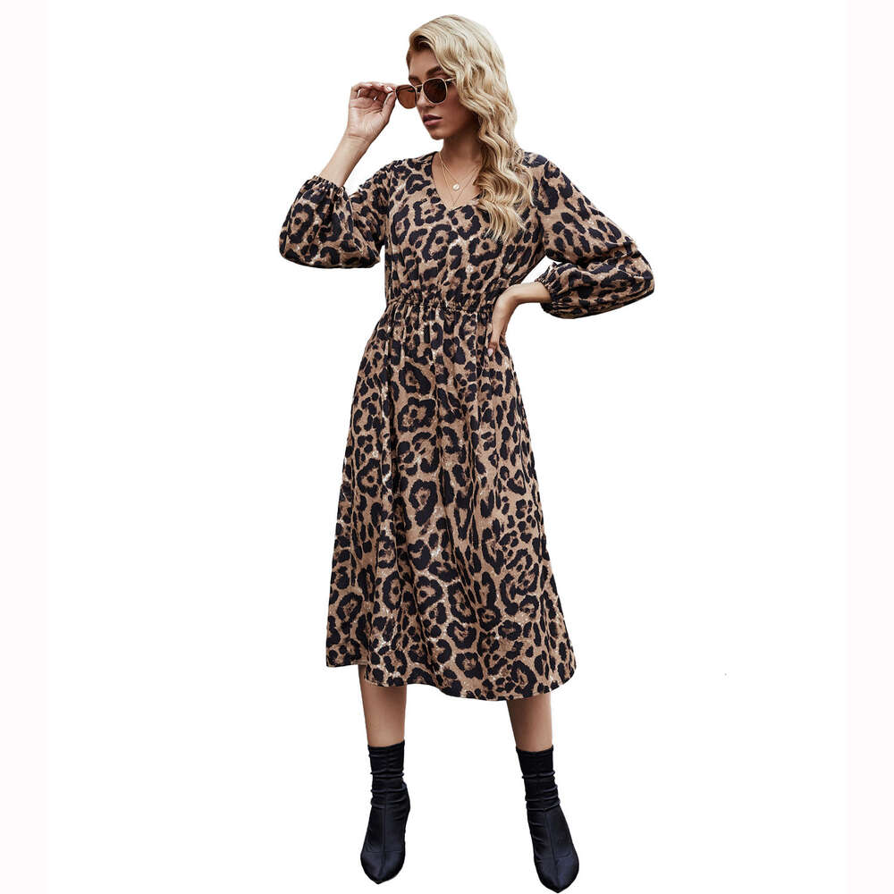 Women's Fashion INS V-neck Leopard Print Long Sleeved Dress