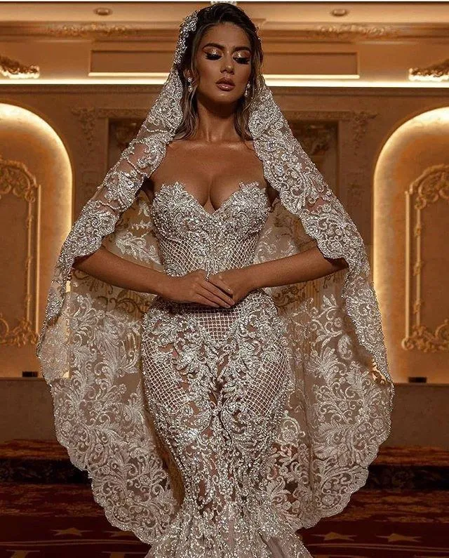 Applique Lace Mermaid Wedding Dresses Sweetheart Illusion Zipper Back Sweep Train Bride Dress Vestido De Noiva BC