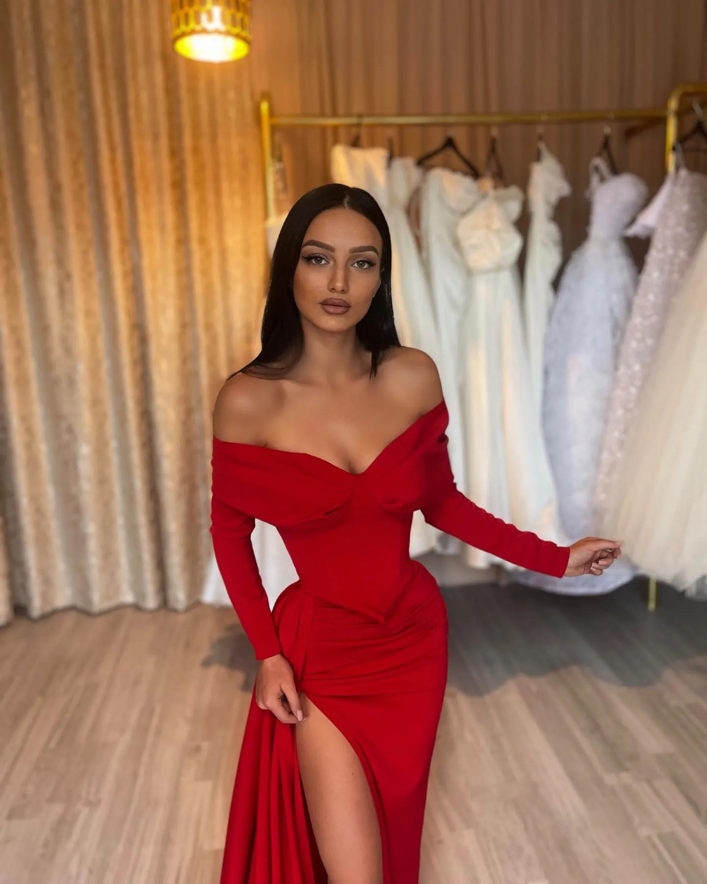 Sexy Red Sheath Prom Dresses Side High Split Off The Shoulder Simple Long Evening Gowns For Women Satin Corset Full Sleeve Pageant Birthday Special Oc