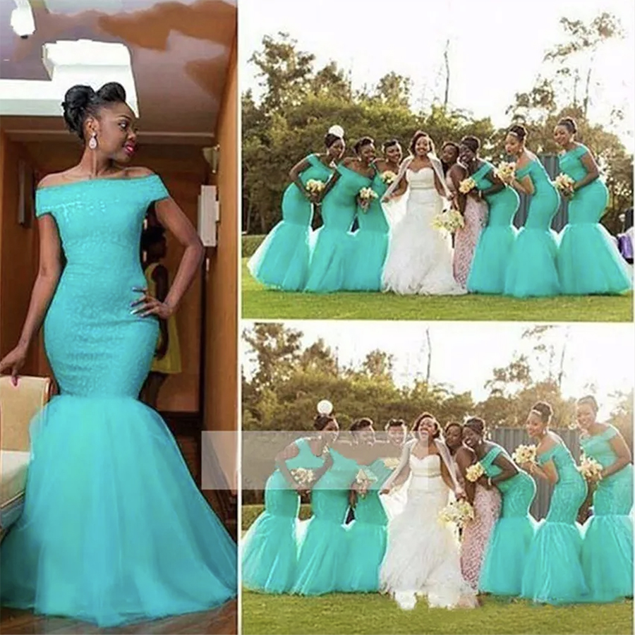 2024 Mermaid Turquoise Blue African Bridesmaid Dresses Off The Shoulder Sexy Plus Size Lace Maid of Honor Bridal Party Wedding Guest Gowns