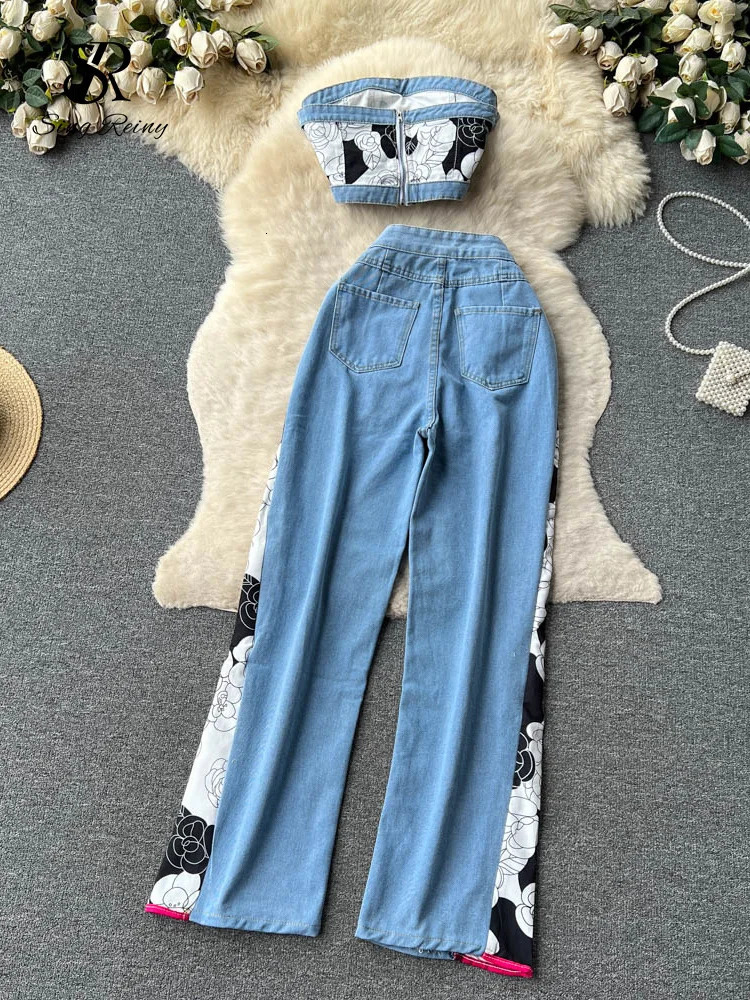 SINGREINY Women sweet Two Pieces Denim Suits Strapless Mini Zipper TopWide Legs Long Pants Painting Fashion Y2K Sexy Sets 240326