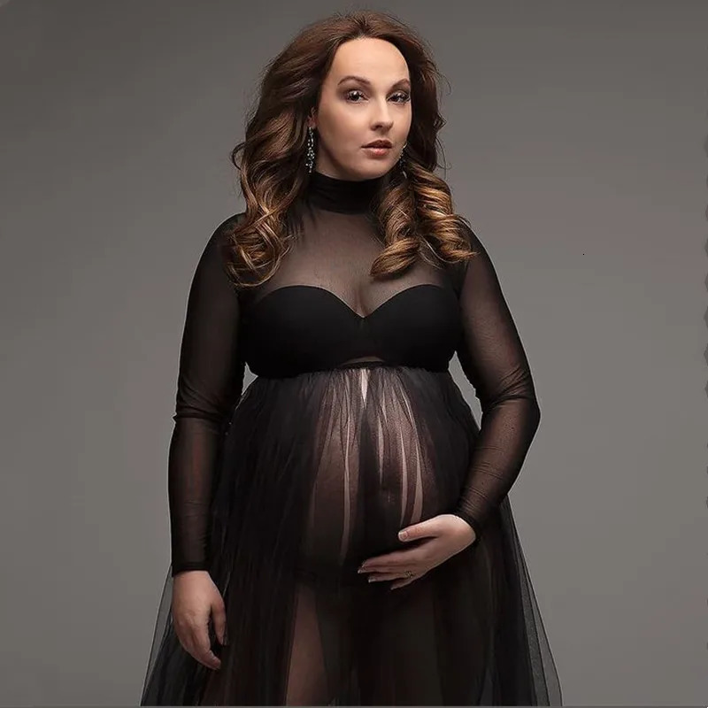 High Neck Stretchy Mesh Maternity Pography Tulle Dress Full Sleeve See Through Pregnancy Mesh Maxi Dress For Poshoot 240305