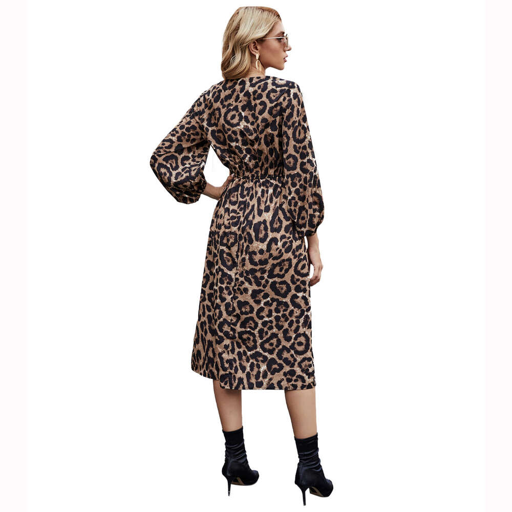 Women's Fashion INS V-neck Leopard Print Long Sleeved Dress