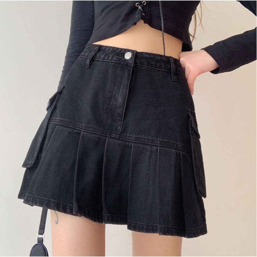 Women's Pocket Patchwork Pleated Solid Color High Waisted Denim Skirt, Sexy Slim Fit Skirt