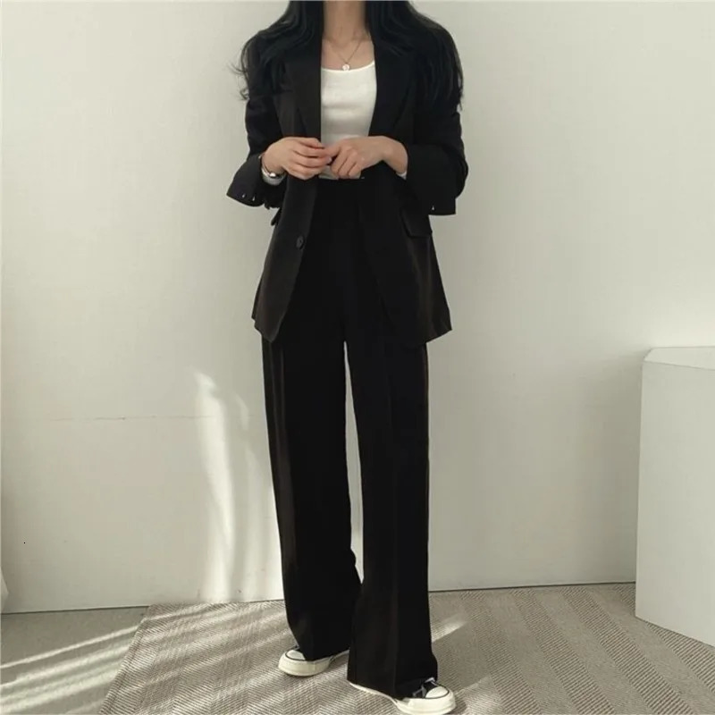Casual Long Sleeve Suit Jacket Pants Set Office Lady Spring Autumn Fashion Solid Blazer Trousers Two Piece Set Women Outfit 240306