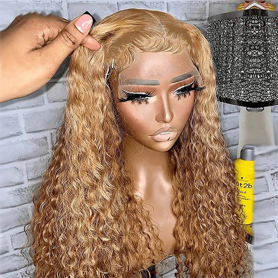 Colored 27 Honey Blonde Water Wave Human Hair Wigs 13x4 Transparent Curly Human Hair Lace Frontal Wig Pre-Plucked Lace Front Wig