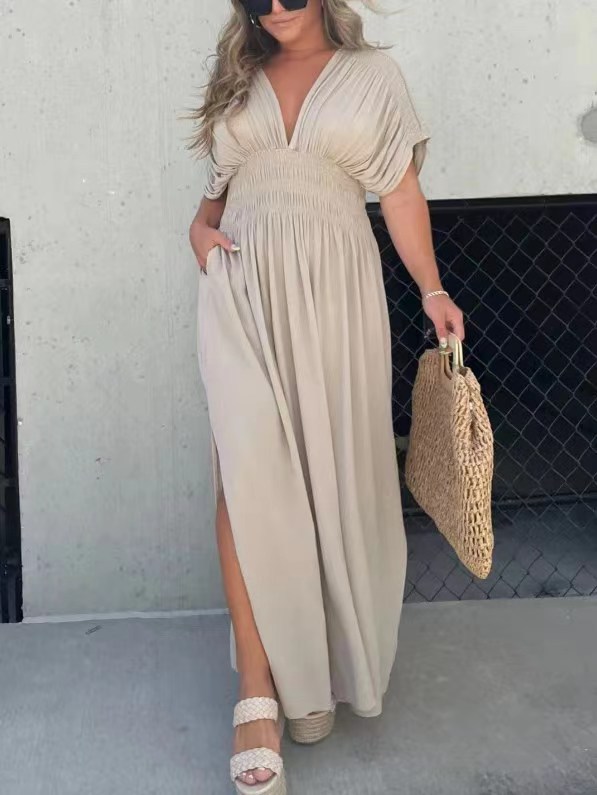 Women Loose Casual Dresses Sexy V Neck Ruched Dress Formal Dress Short Sleeve Elastic Waist Side Slit Maxi Dress