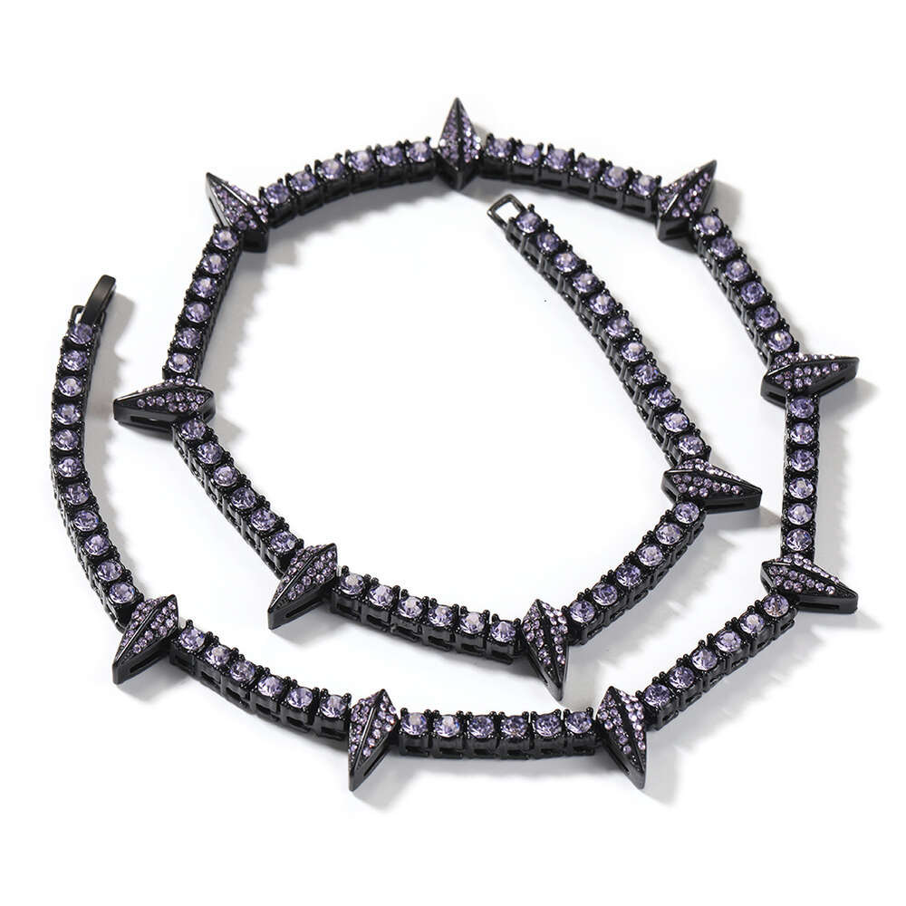 Hip Hop Ins Style New Black Rhinestone Tennis Chain Necklace For Men And Women Spike Charm Purple Green Pink Gemstone Choker Necklaces Bling Jewelry R