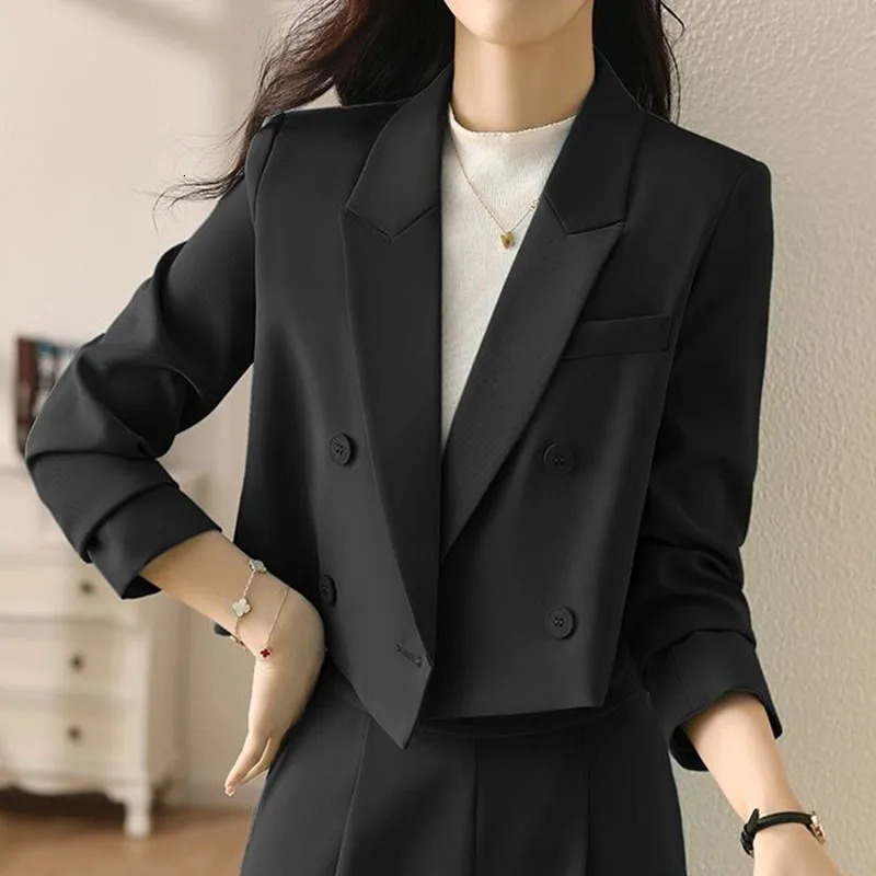Lucyever Black Cropped Blazers for Women Korean Fashion Double-Breasted Office Suit Coat Ladies Vintage Long Sleeve Outerwear 240306