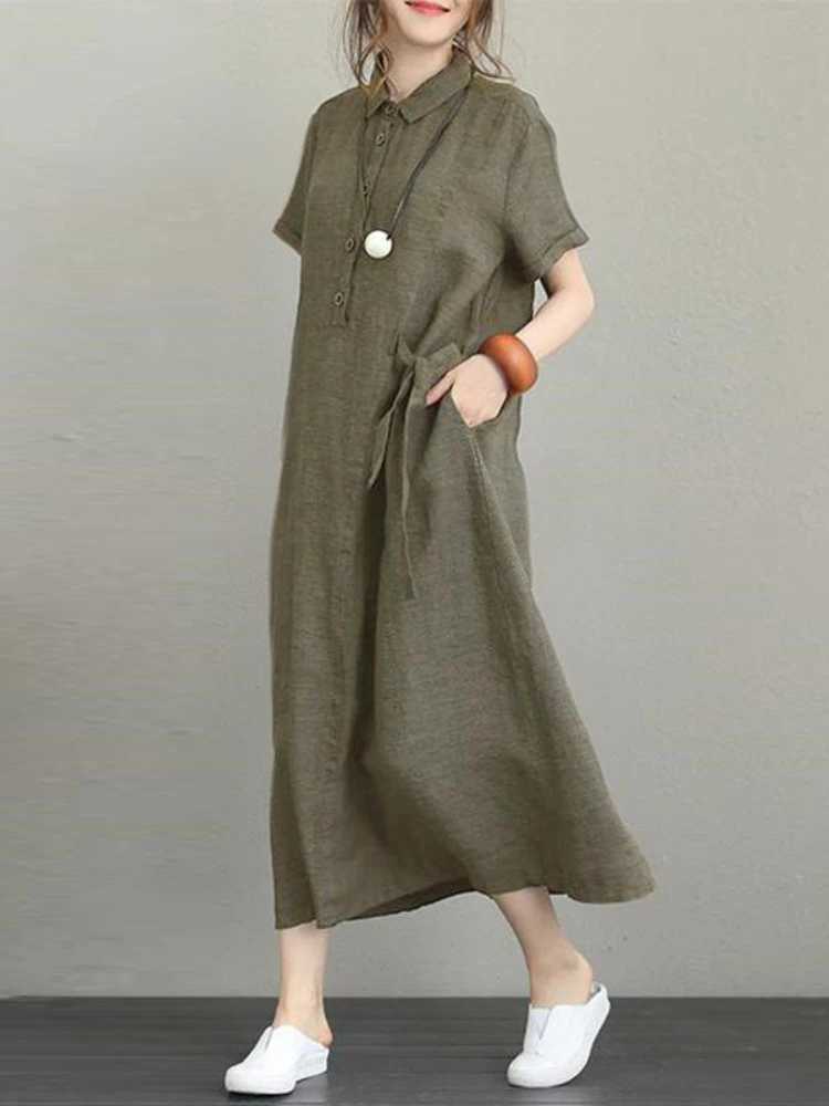 Basic Casual Dresses Summer Dress Women Cotton Linen Vintage Casual Loose Oversie Lapel Short-sled Dress New In Mid-length Long Dress for WomenC24315