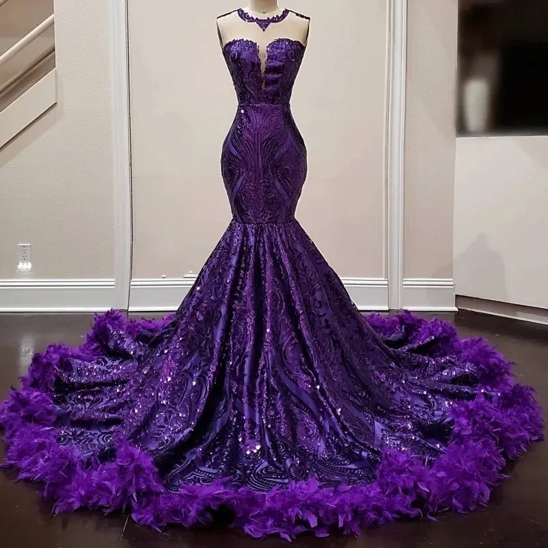 Mermaid Purple Feathers Prom For Black Girl Sequin Birthday Women Party Dresses 2024 Robes De Bal Evening Gowns