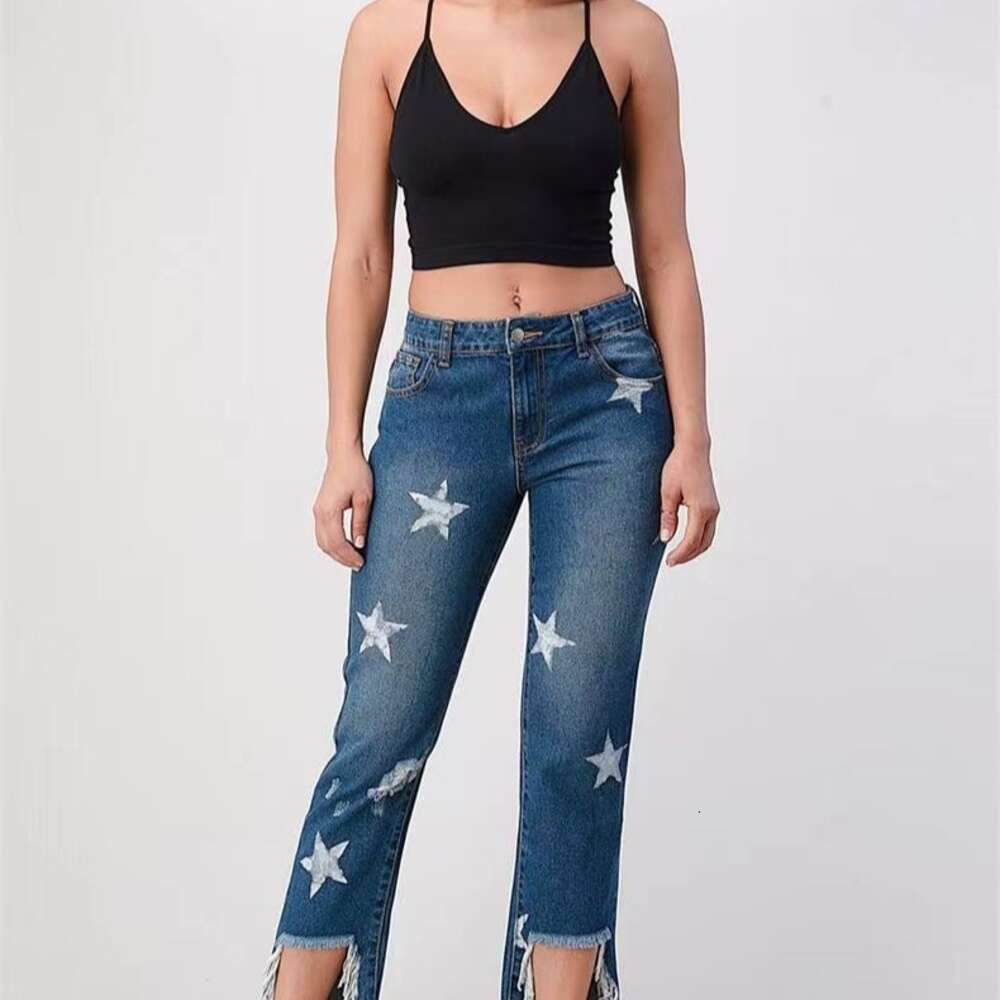 High Waisted Five Pointed Star Printed Jeans for Women