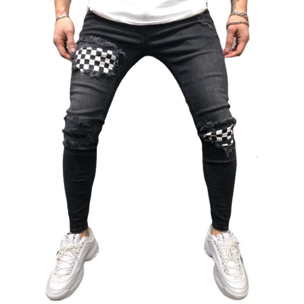 Men's Jeans with Torn Holes, Elastic Patches, Small Leg Pants, Men's Fashion