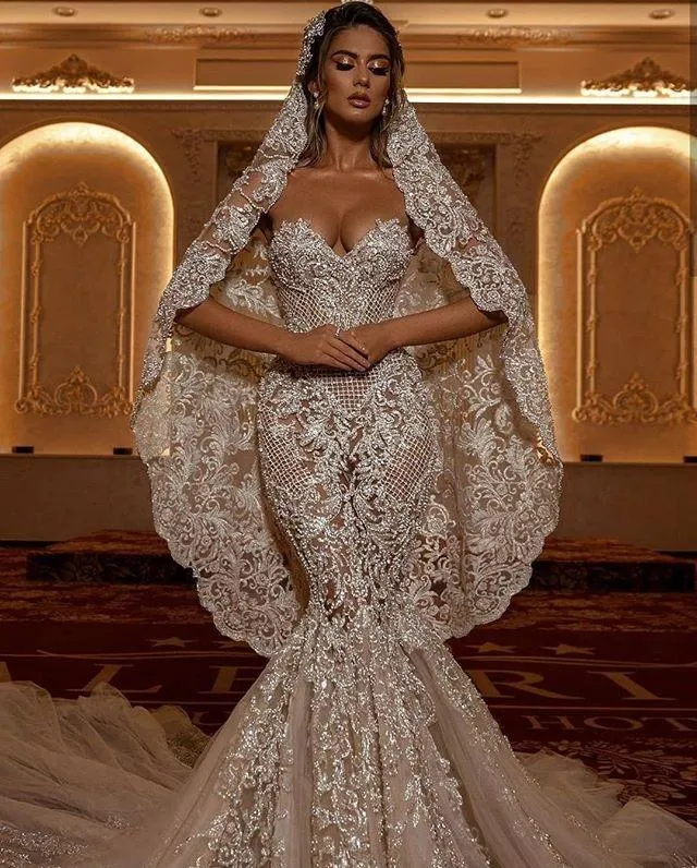 Applique Lace Mermaid Wedding Dresses Sweetheart Illusion Zipper Back Sweep Train Bride Dress Vestido De Noiva BC