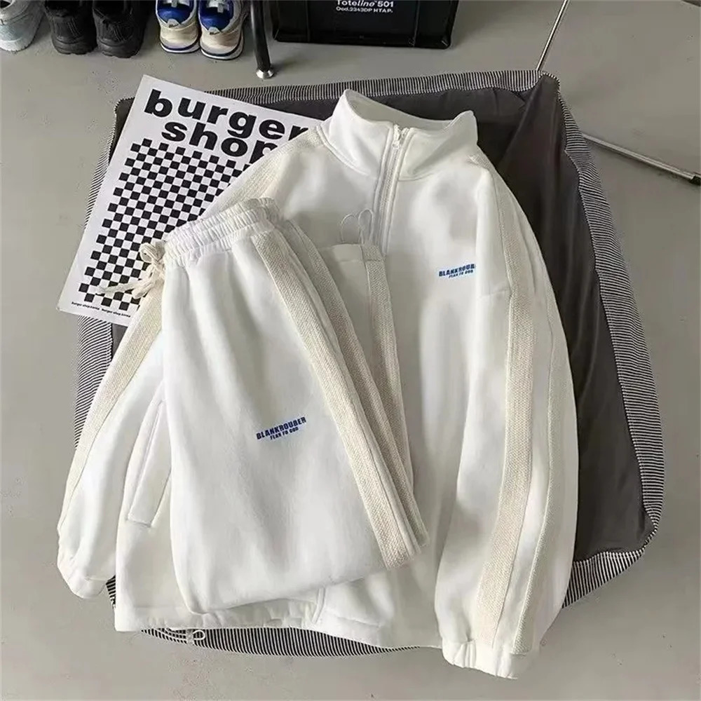 Korean Casual Sportsuit Hoodies Men Set Autumn Loose Zipper Coat Sweatpant 2 Piece Fashion Stripe Print Outfits Tracksuit 240312