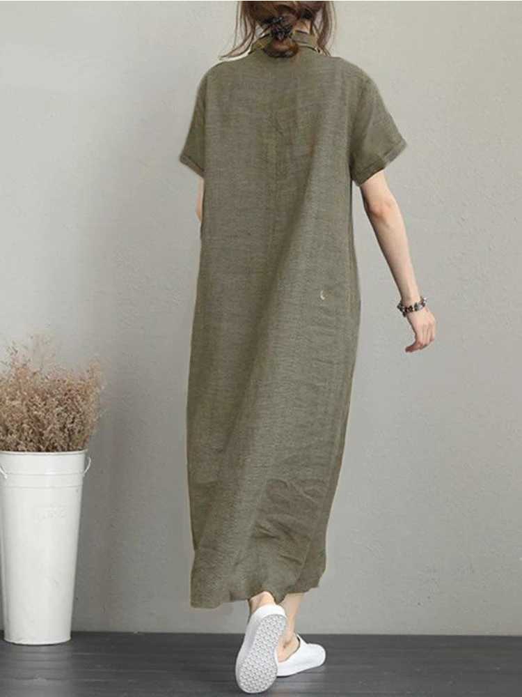 Basic Casual Dresses Summer Dress Women Cotton Linen Vintage Casual Loose Oversie Lapel Short-sled Dress New In Mid-length Long Dress for WomenC24315
