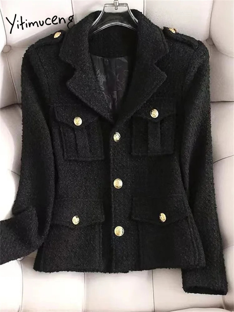 Yitimuceng Button Up Jackets for Women Autumn Winter Office Ladies Turn Down Collar Coats Vintage Long Sleeve Tweed Jacket 240307